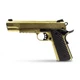 Raven M1911 MEU Gas Blowback Airsoft Pistol Railed in Gold, left-side view with black textured grip on white