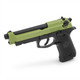 Raven R9 Replica M92 Gas Blowback Airsoft Pistol in Black & Green viewed from the rear three-quarter angle.