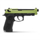 Side profile view of the Raven R9 Replica M92 Gas Blowback Airsoft Pistol in Black & Green on a white background.