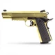 Side profile view of the Raven M1911 MEU GBB Railed Airsoft Pistol in Gold isolated on a white background.