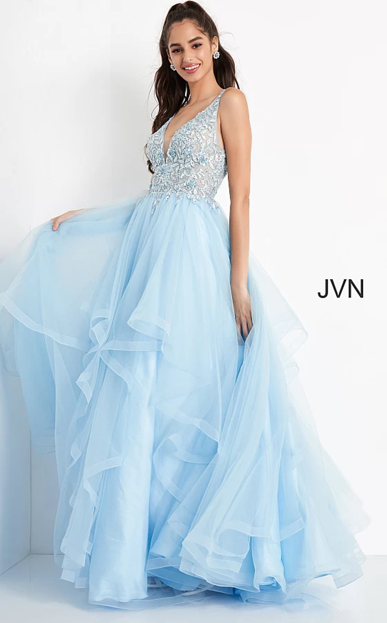 JVN07637  Light Blue Floral Embellished Tulle prom Ballgown