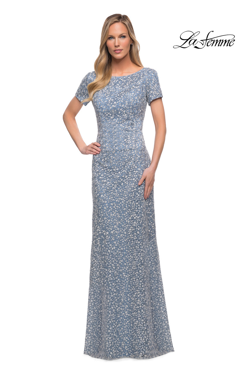 steel blue mother of the bride dresses Lace Caribbean Mother Of The Bride Dress 2026 Bateau Short Sleeves neckline and side slit La Femme 29134 Steel Blue