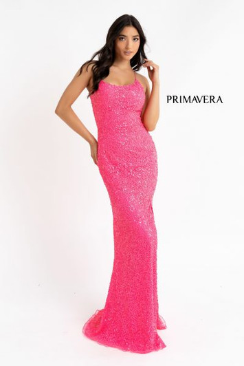 Neon Pink Strappy-Back Long La Femme Sequin Prom Dress