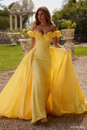 Sherri Hill 57200 Off the Shoulder Cape Dress