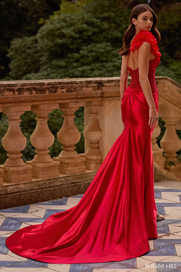 Sherri Hill 57475 One Shoulder Floral Satin Mermaid Dress
