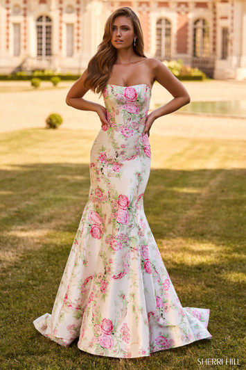 Sherri Hill 57796 Strapless Floral Print Mermaid Dress