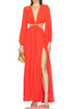 DEEP V-NECK WITH SLIT ASIDE AND BOUFFANT SLEEVE ANKLE LENGTH DRESS BAN2211-0554