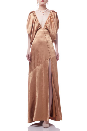 DEEP V-NECK WITH TIE ON THE BACK AND SLIT ASIDE FLOOR LENGTH DRESS BAN2110-0194