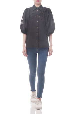 BUTTON DOWN FRONT WITH BALLOON SLEEVE SHIRT TOP BAN2205-0372