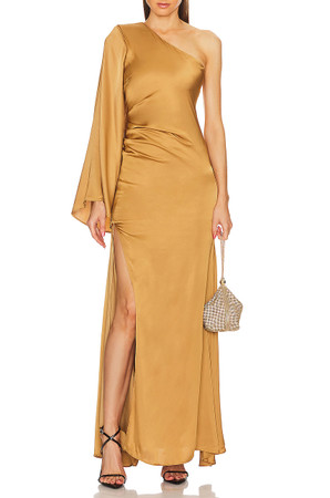 ONE SHOULDER WITH SLIT ASIDE AND BELL SLEEVE FLOOR LENGTH DRESS BAN2310-0680