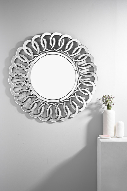 Italian Small Silver Patterned Round Modern Mirror Italian Small Silver Patterned Round Modern Mirror