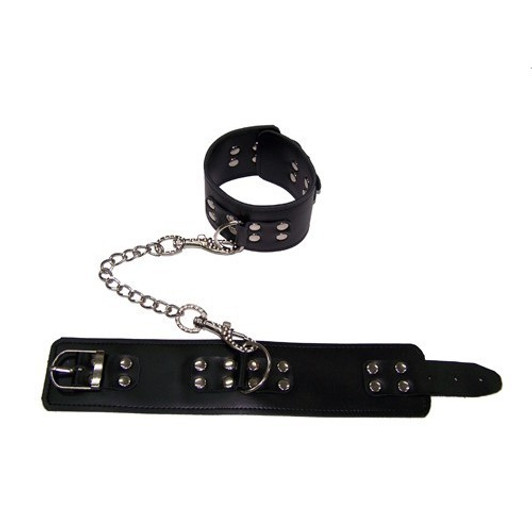 Black leather wrist restrains with chain