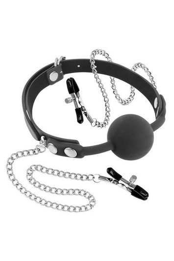 Silicone ball gag with nipple clamps