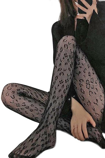 Leopard Print Fishnet Tights Black One Size