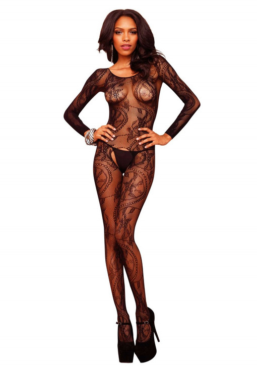 Swirl Lace Bodystocking Black O/S