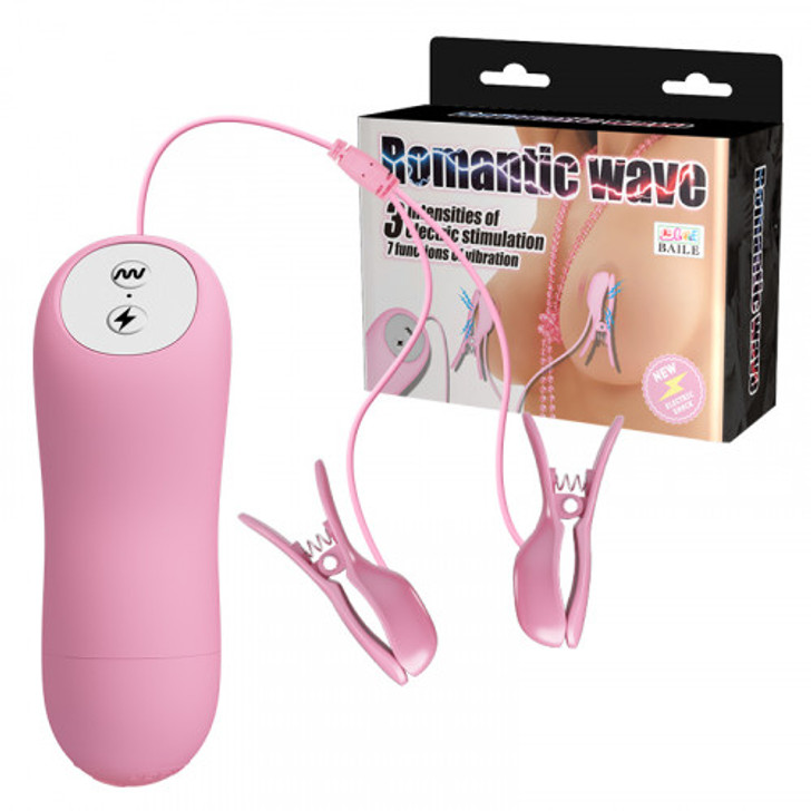 Pink Romantic Wave Vibrating nipple clamps with Electro stimulation