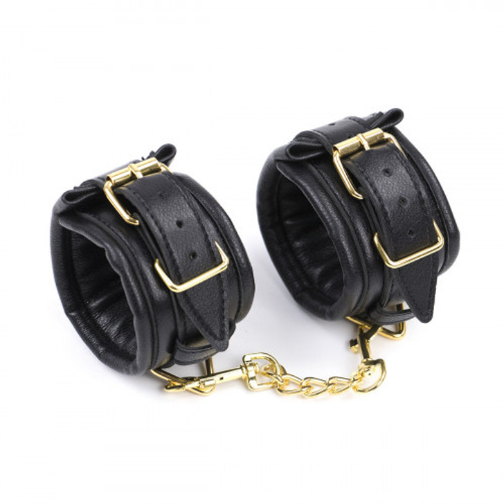 Wrist Cuffs Cyprus-Black Soft Padded Leather Wrist Cuffs with Golden Chain