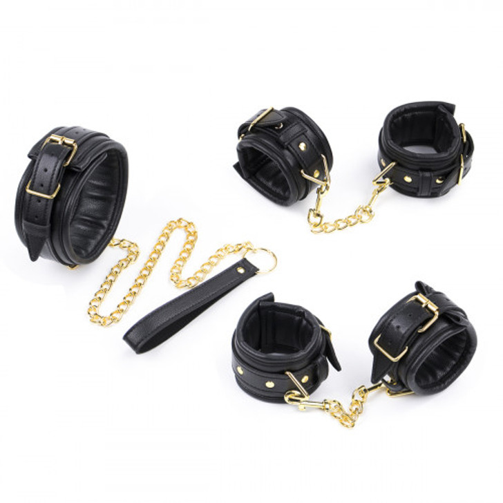Bondage Black Gold Leather Set Ankle Wrist Collar with Leash