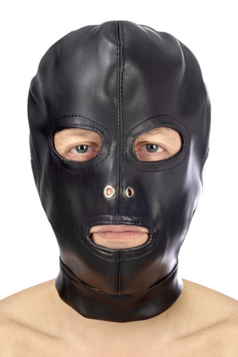 Fetish hood closes at the back with a buckled strap and lacing