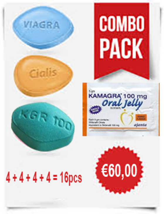 Combo 4 Viagra + 4 Cialis + 4 Kamagra Tabs + 4 kamagra Oral Jelly 16 pcs