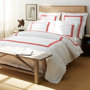 Sferra Orlo White Tangerine Queen  Duvet Comforter Cover & Sham Set 3p. New Smooth Italian-woven 100% Egyptian cotton percale and combined with an inset of contrasting Italian-woven 100% Egyptian cotton sateen.  The result is a bed ensemble that is sharp and modern,  just right for any room. The  duvet cover have the inset sateen band on three sides with flanged edges; shams feature the inset sateen band on all four sides surrounded by crisp flanges. 