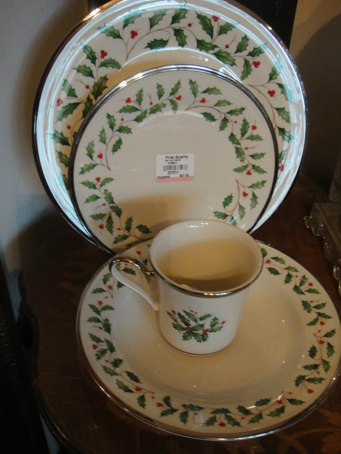 Lenox Holiday Ivory Platinum Christmas China With Soup Bowl & Mug 