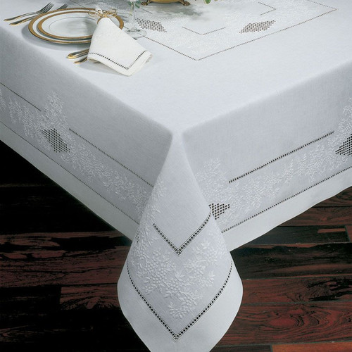 Sferra French knot 70x 162 Rectangular White Tablecloth  w8 Napkins 100% Linen