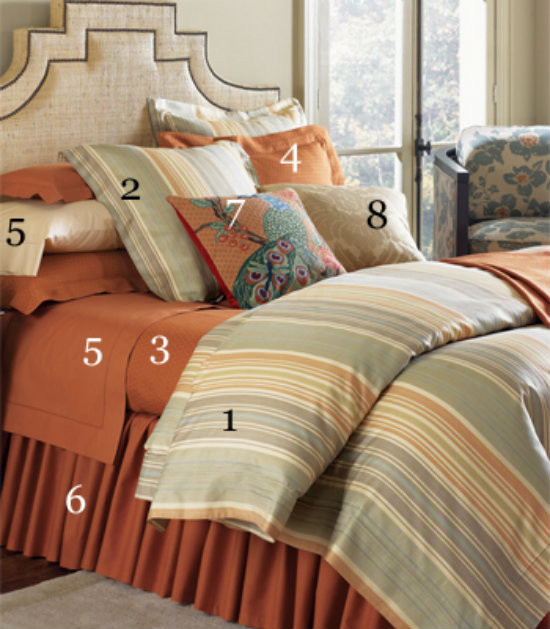 1. Sferra Blake Duvet Cover 

2. Sferra Blake Sham 

3. Sferra Ella Coverlet 

4. Sferra Ella Sham 

5. Sferra Celeste Sheeting 

6. Sferra Celeste Bedskirt 

7. Sferra Gwenevere Pillow 

8. Sferra Tatum Pillow 
