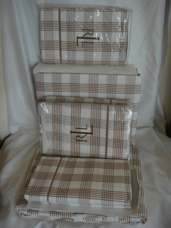  Ralph Lauren Suite Glen Plaid Camel White Queen Duvet cover Set New 