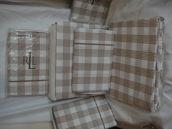  Ralph Lauren Suite Glen Plaid Camel White Queen Duvet cover Set New 