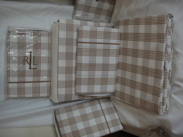  Ralph Lauren Suite Glen Plaid Camel White Queen Duvet cover Set New 