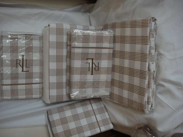  Ralph Lauren Suite Glen Plaid Camel White Queen Duvet cover Set New 