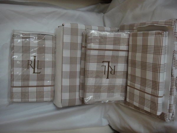  Ralph Lauren Suite Glen Plaid Camel White Queen Duvet cover Set New 