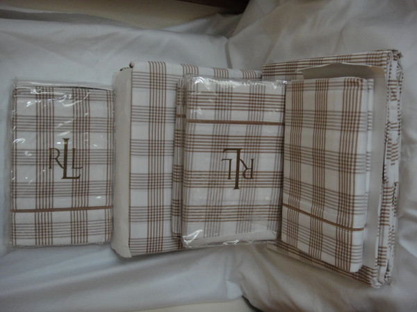  Ralph Lauren Suite Glen Plaid Camel White Queen Duvet cover Set New 