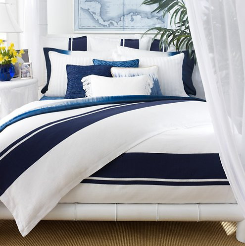 Ralph Lauren Indigo Modern Blue White Stripe King Duvet Comforter Cover Set New