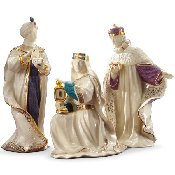 Set of Three Kings figurines makes a regal addition to any creche
Crafted of hand-painted Lenox ivory fine china with 24-karat gold accents
Lavish robes and royal headpieces display bright splashes of majestic color
Pair with matching pieces (sold separately) to create a complete Nativity scene
Melchoir measures 6 inches tall; Gaspar and Balthazar measure 8-3/4 inches tall