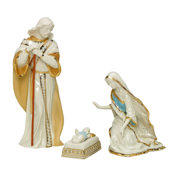 3-piece nativity set beautifully depicts the first Christmas
Glazed porcelain construction with hand-painted finish
Tender renderings of Joseph, Mary, and the baby Jesus
Beautiful gold trimming adds a gleaming finishing touch
Joseph measures approximately 8-1/2 inches tall; Mary measures approximately 5-1/2 inches tall; Jesus measures approximately 2 inches tall