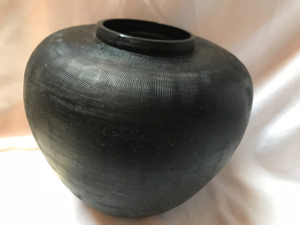 Donna Karan Lenox Artisan Glass, Black, Etched Linear  Round  Vase  8"