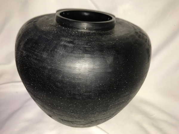 Donna Karan Lenox Artisan Glass, Black, Etched Linear  Round  Vase  8"