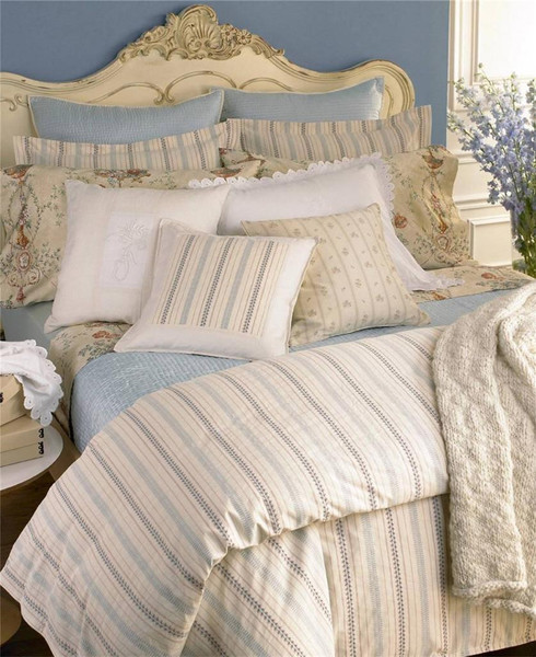 Ralph Lauren Villandry Cream w/ Blue & beige Stripe 6p King Duvet Cover Set New