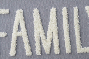 Family Wall Hanging Sign with Gray Fabric Background and White Yarn Sentiment - Bedroom- Living Room- Home Wall Decor-Bead Border Design - 734327009889