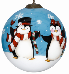 Holiday Penguins Hand Painted Glass Ornament - 850015443367