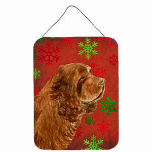 Red and Green Snowflakes Holiday Christmas Design with Dog Wall or Door Hanging Prints - 615872624485
