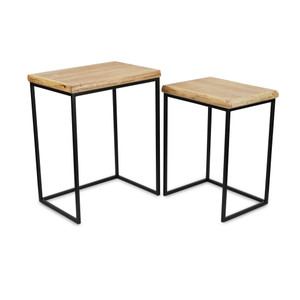 Homeroots Living Room Set of Two 25" Black and Brown Solid Wood and Steel Nested Rectangular Tables
