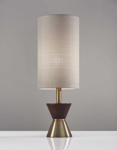 23" Brass Metal And Wood Table Lamp With Beige Drum Shade