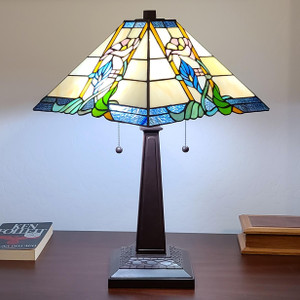 Homeroots Lighting 23" Stained Glass Multicolored Vintage Two Light Mission Style Table Lamp, Multicolored, Two Light