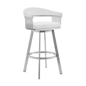 Homeroots Living Room 26" Mod White Faux Leather Brushed Silver Finish Swivel Bar Stool