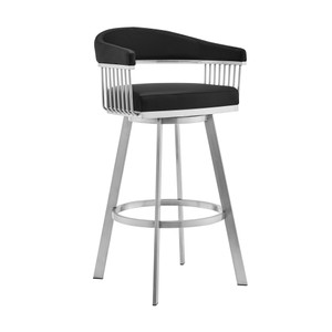 Homeroots Living Room 26" Mod Black Faux Leather Brushed Silver Finish Swivel Bar Stool, Black