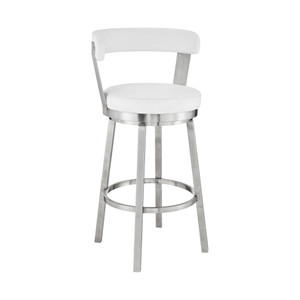 Homeroots Living Room 26" Chic White Faux Leather Swivel Bar Stool, White, Stainless Steel Finish