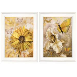 Set Of Two Yellow Flowers And Butterflies White Framed Print Wall Art - 606114073512
